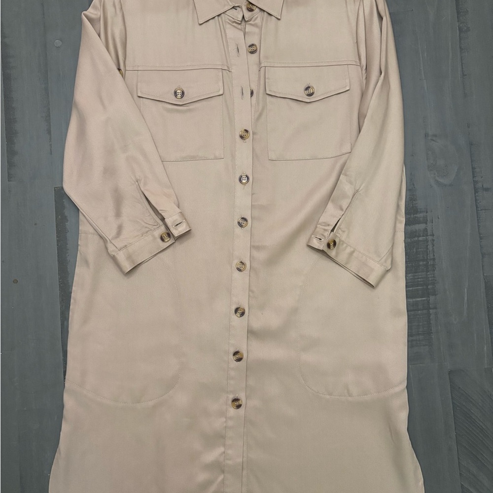Oh. Tan Buttoned Long Sleeve Shirt Dress